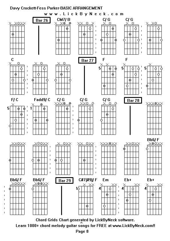 Chord Grids Chart of chord melody fingerstyle guitar song-Davy Crockett-Fess Parker-BASIC ARRANGEMENT,generated by LickByNeck software.